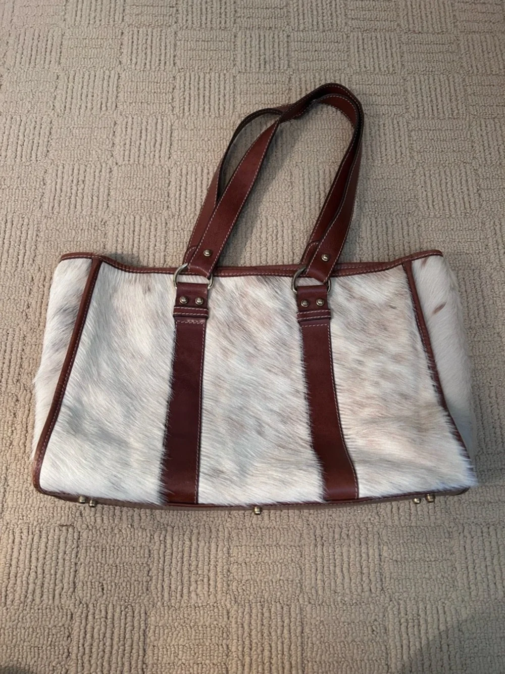 Leather-Trim White and Brown Haircalf Tote Bag - Picture 2 of 3